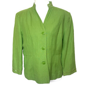Vintage Dressbarn Womens Embroidered Linen Jacket Size S Lime Green Sequin Butto